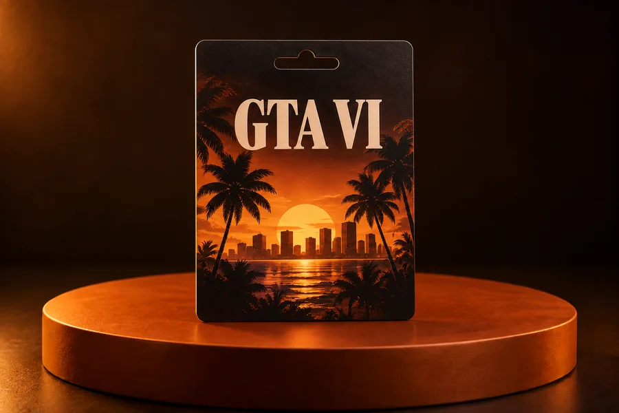 Carte illustrée GTA VI sur un socle orange ; représentation du lot, pas une jaquette officielle.