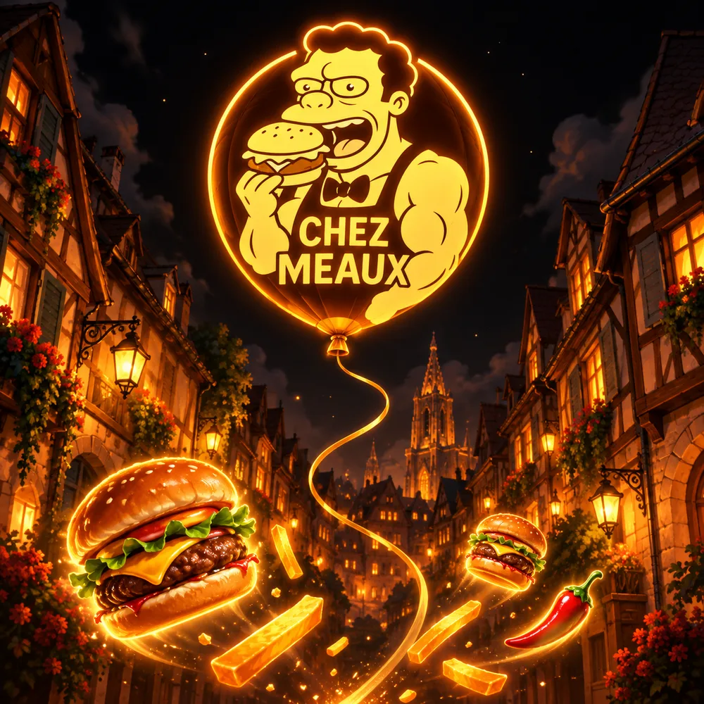 La mascotte Chez Meaux s’envole entre les immeubles, entourée de burgers et de frites.