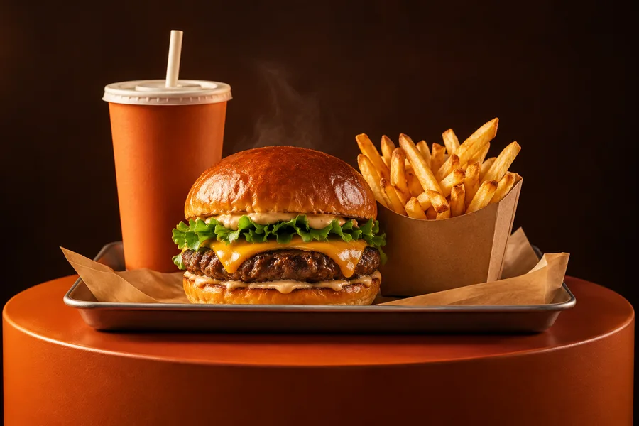 Illustration d’un menu burger, frites et boisson ; menu exact précisé avant la remise des lots.