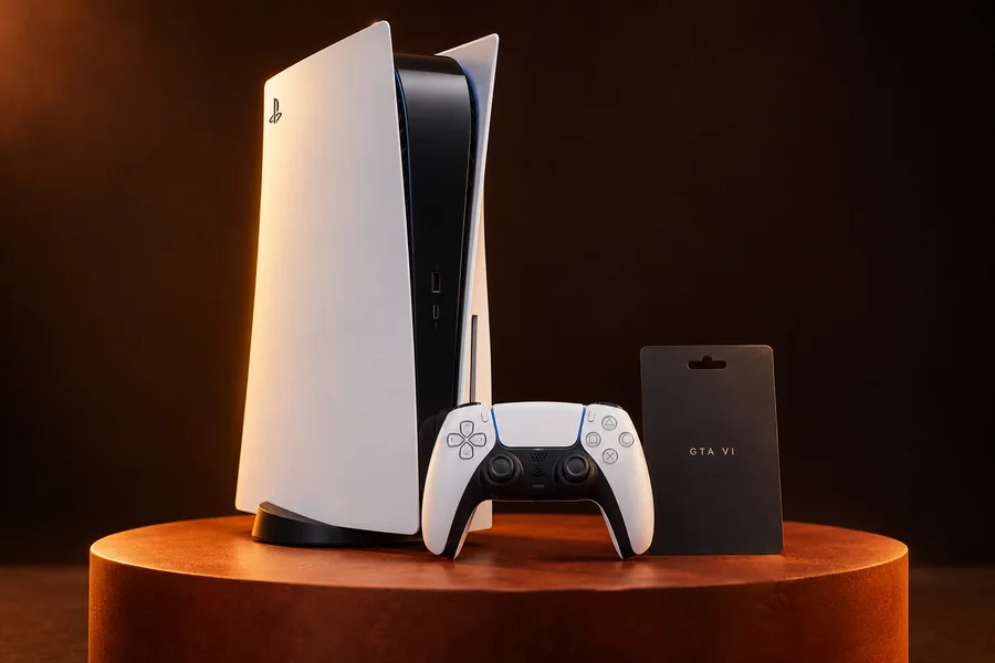 Illustration d’une PS5, de sa manette et d’une carte représentant GTA VI.